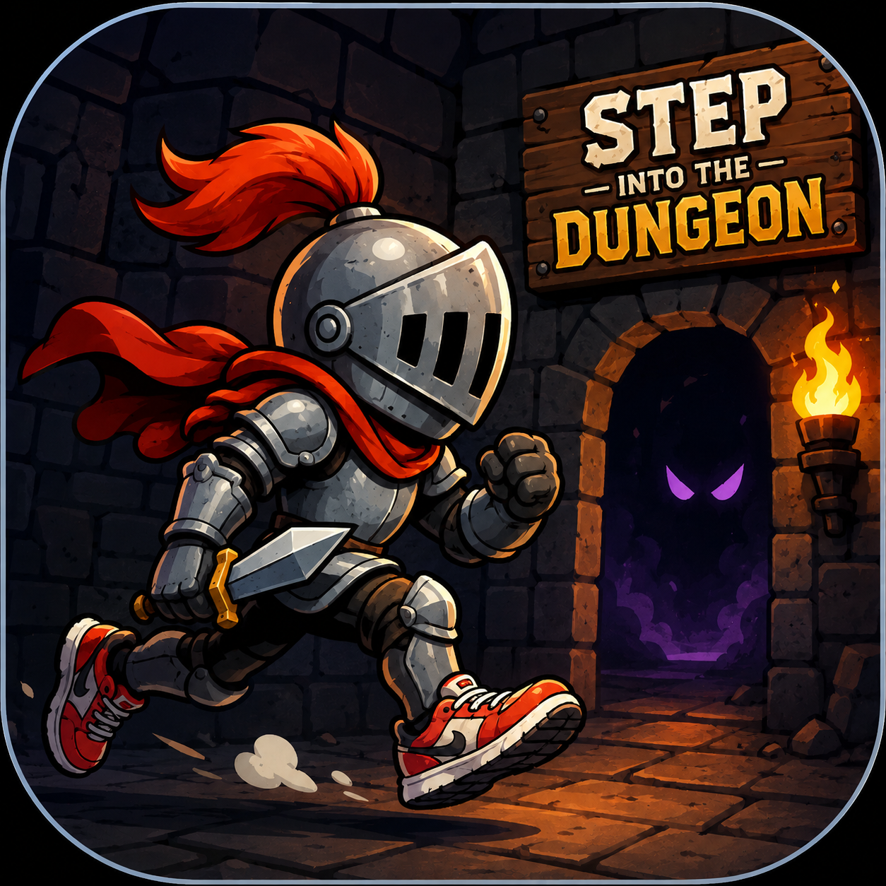 STEP Into The Dungeon — a knight running toward a dungeon entrance